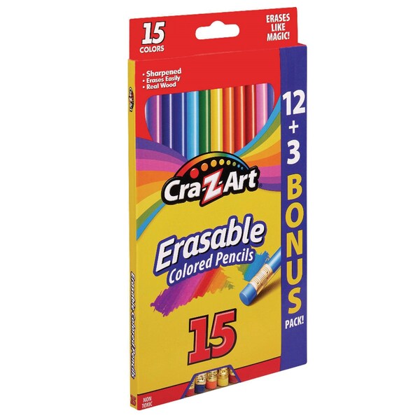 Cra-Z-Art Erasable Colored Pencils, 15 Assorted Lead/Barrel Colors